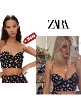 Zara black pink flower floral print spaghetti strap bustier corset crop top